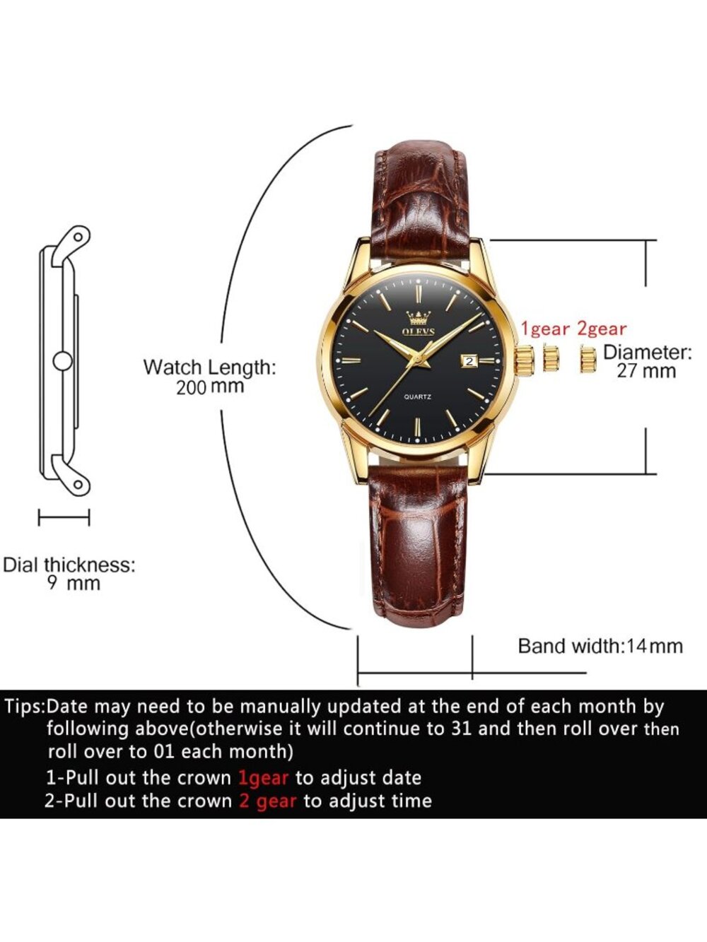 Olevs Womens Black Dial Brown Leather Analog Waterproof Reloj Mujer Luxury Watch - Picture 6 of 6